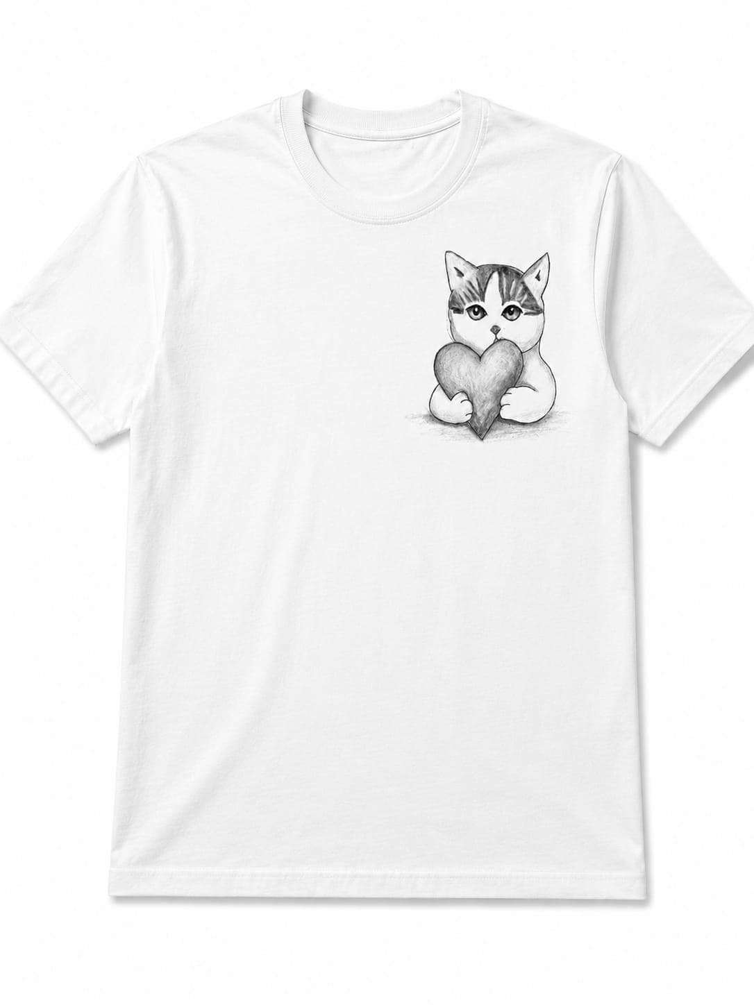 Minimal theme — Cat Heart tee in white, fine-line print