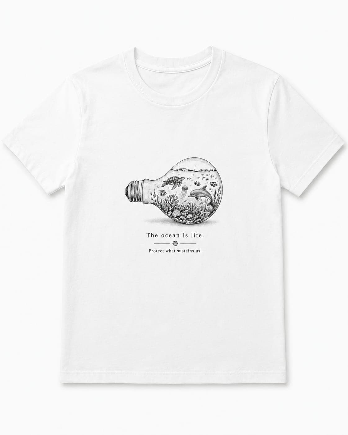Graphic theme — Ocean Bulb tee in white, reef sealed in a light bulb